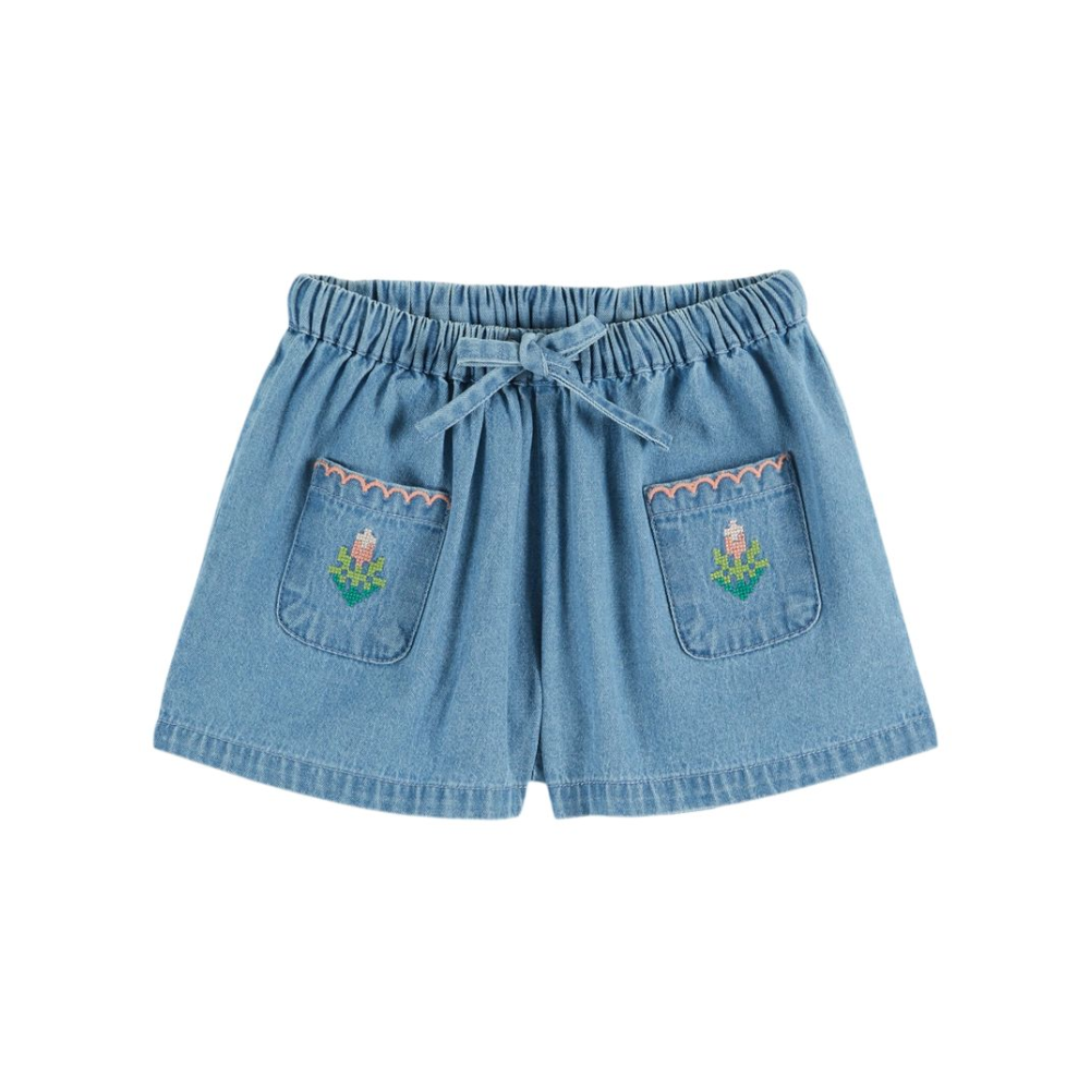 Emile et Ida Short with Pink Embroidery, Light Denim – Tinyapple