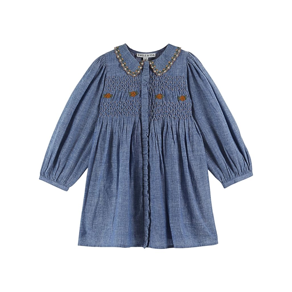 Emile et Ida Smocked Dress, Chambray 4Y