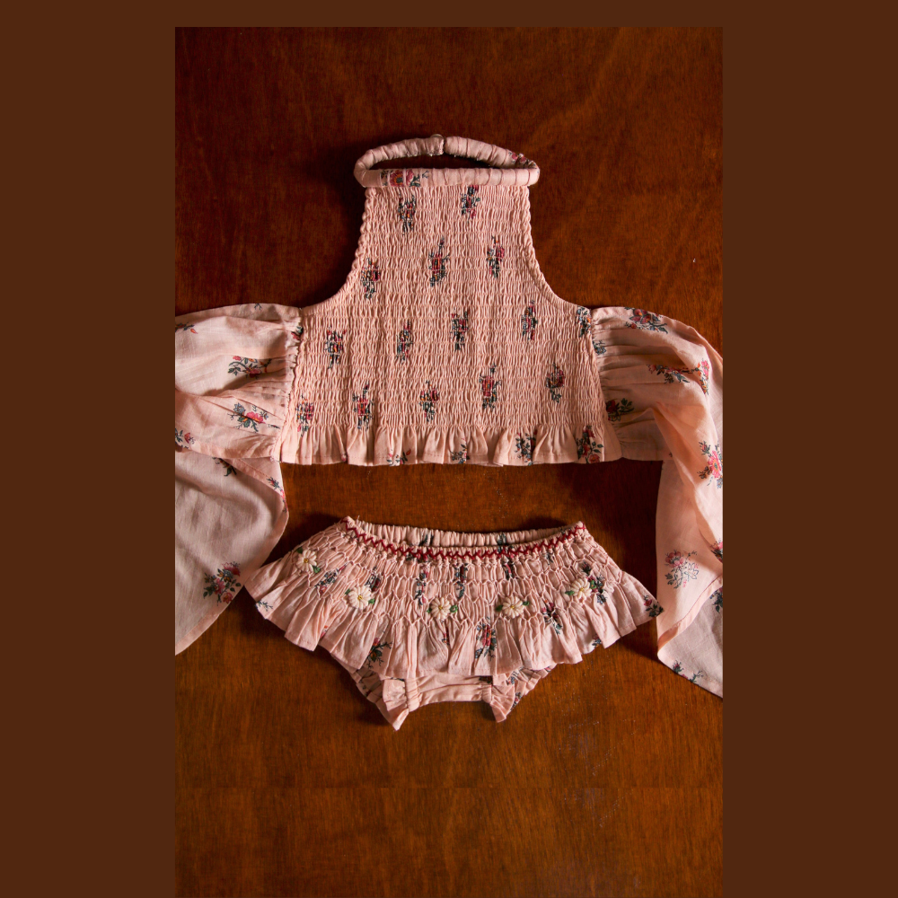 Bonjour Diary Swimsuit, Pink garden flowers print cotton voile