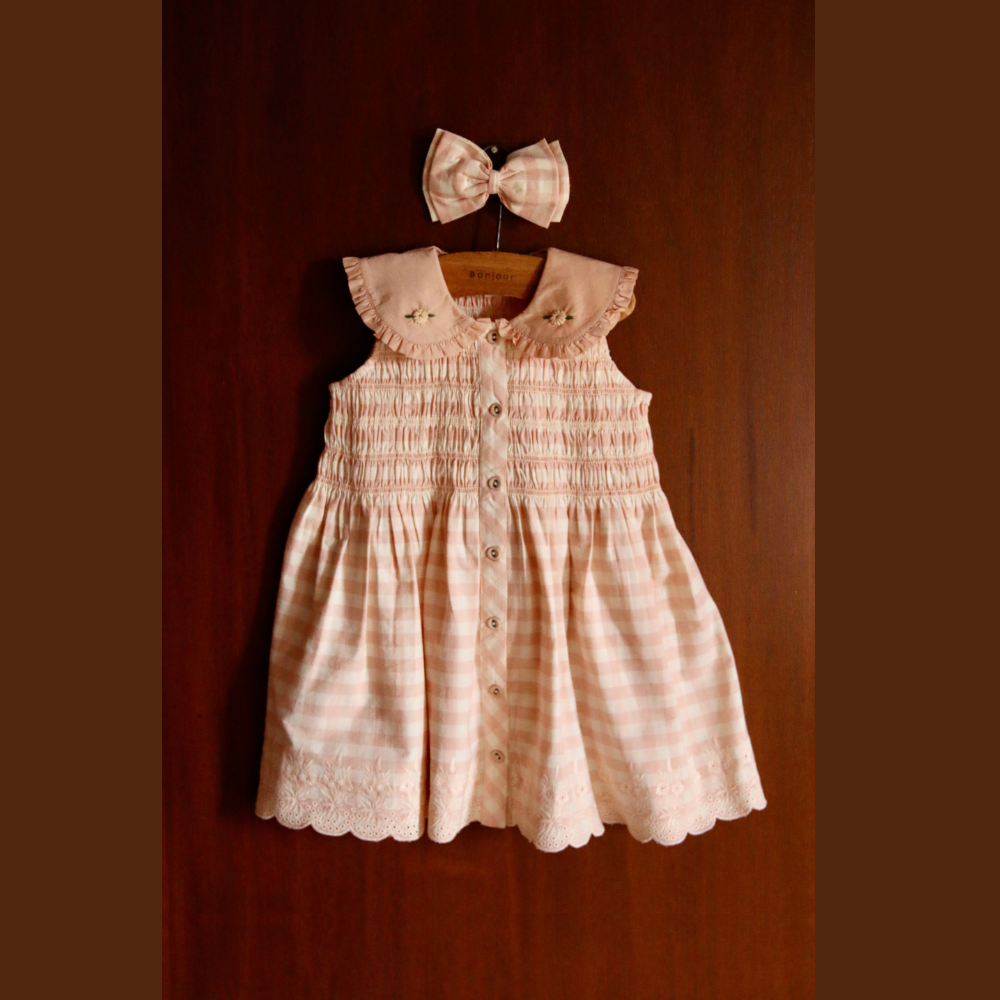 Bonjour Diary Emb. tunic + hair clip, Pink Vichy with small design