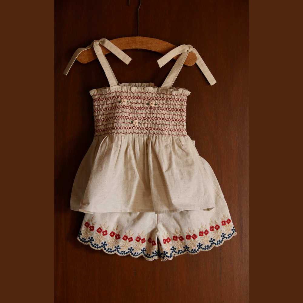 Bonjour Diary Shorts & top set, Natural cotton flex with multi