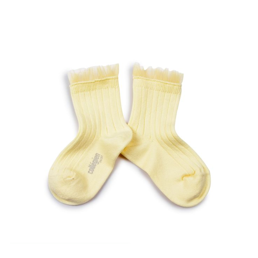 Collegien Margaux Tulle Frill Ribbed Ankle Socks, Vanille