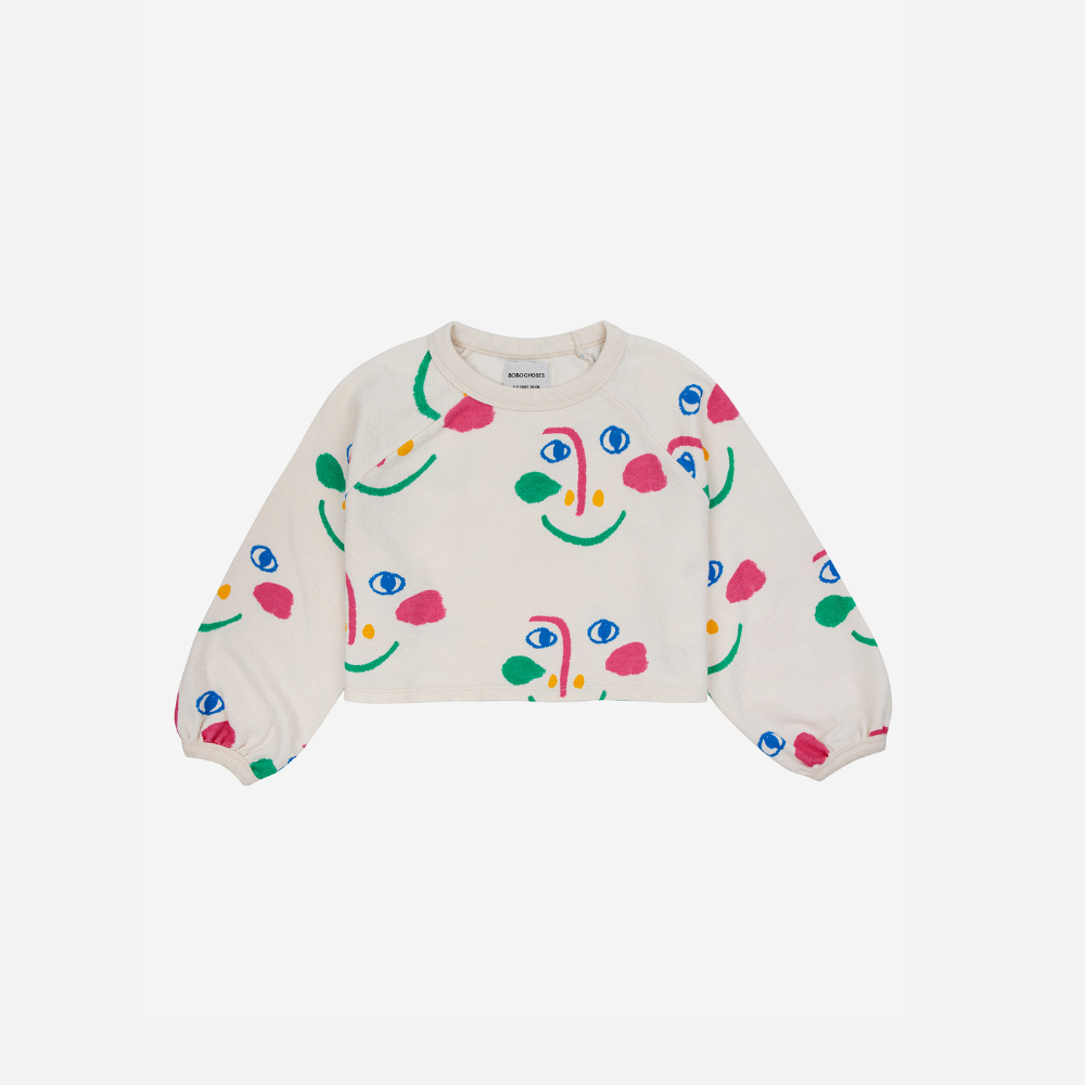 Bobo Choses Smiling Mask All Over Raglan Sleeves Cropped Sweatshirt, Off White