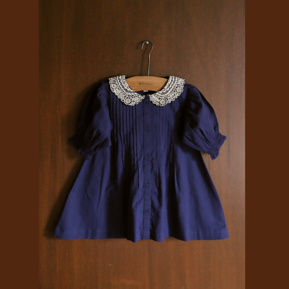 Bonjour Diary Long blouse with emb. collar, Navy blue check voile