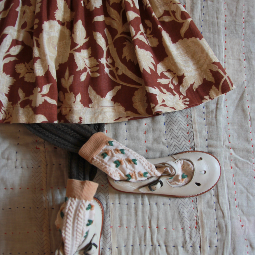 Bonjour Diary Handsmock Dress, Autumnal red brown print organic Bonjour Diary Handsmock Dress, Autumnal red brown print organic