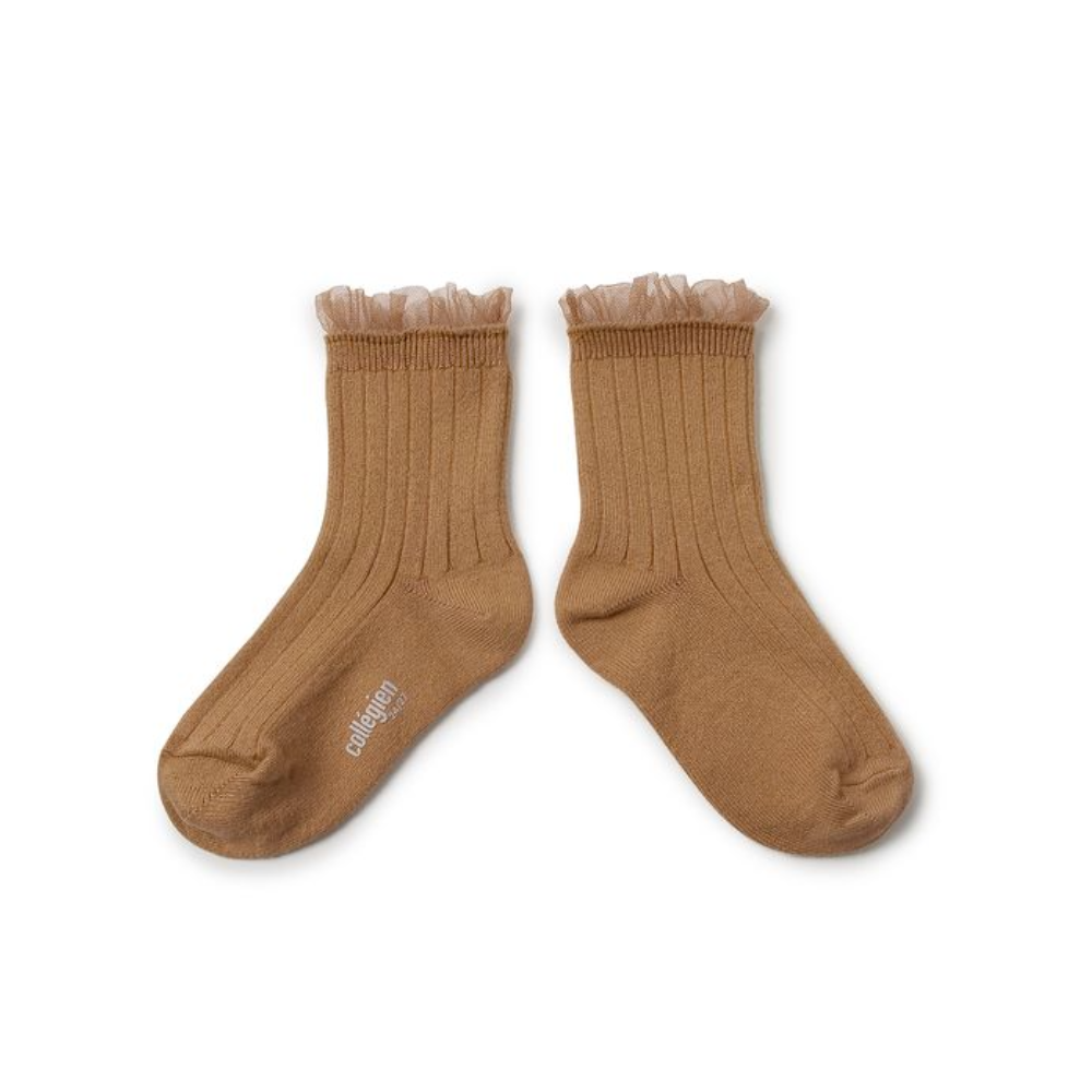 Collegien Margaux Tulle Frill Ribbed Ankle Socks, Caramel