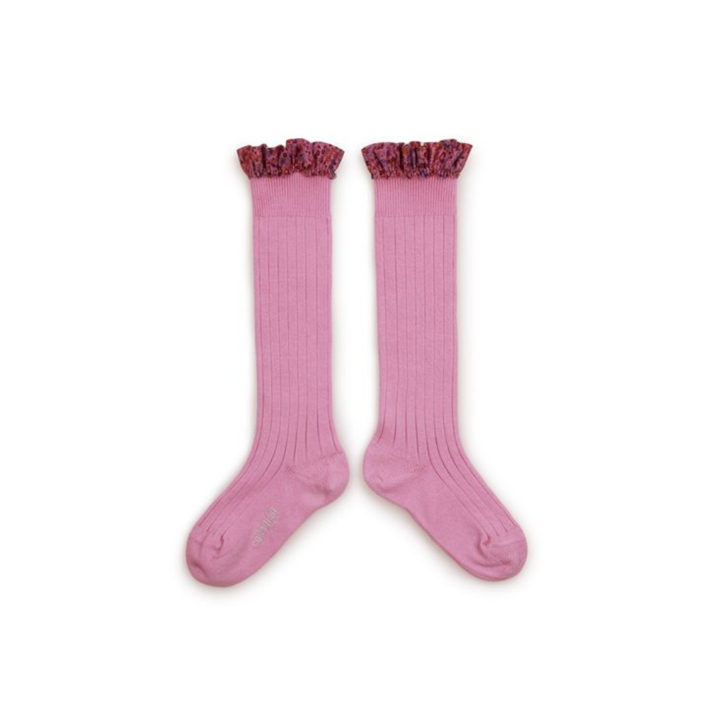 Collegien Elisabeth Liberty Ruffle Ribbed Knee-high Socks, Rose Bonbon