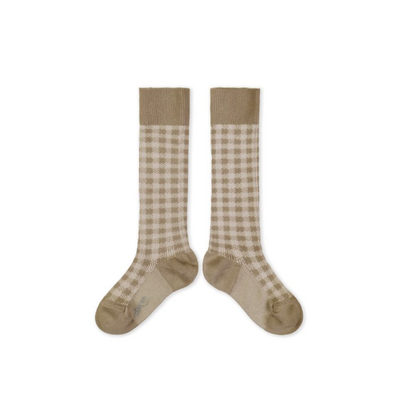 Collegien Claude Gingham Knee-high Socks, Petite Taupe