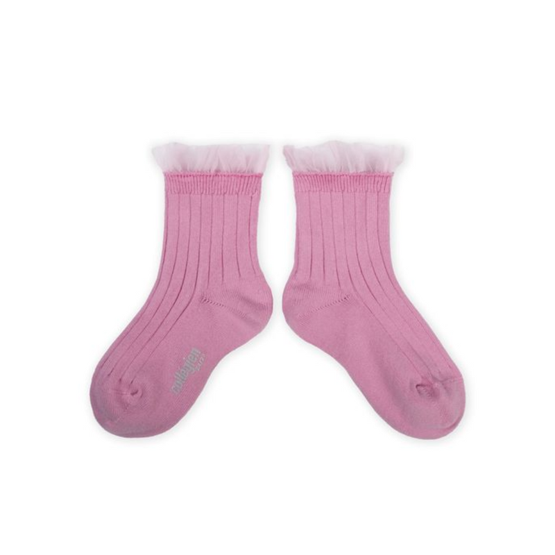 Collegien Margaux Tulle Frill Ribbed Ankle Socks, Rose Bonbon