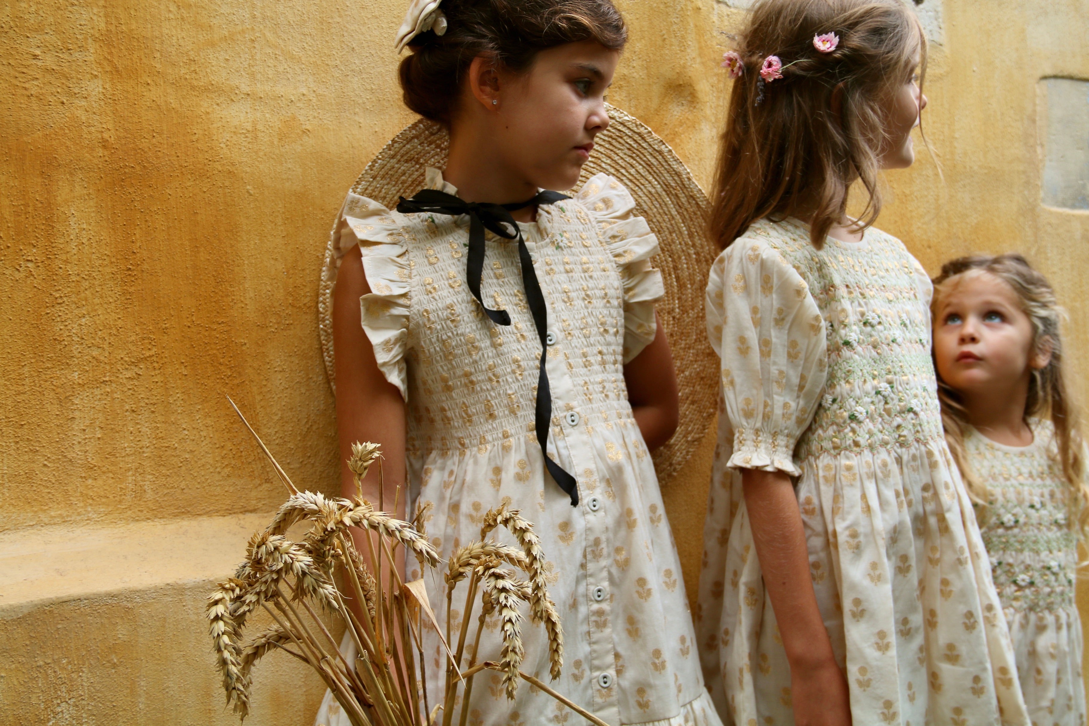 Bonjour Diary Long Smocked Blouse, Golden flowers Ivory