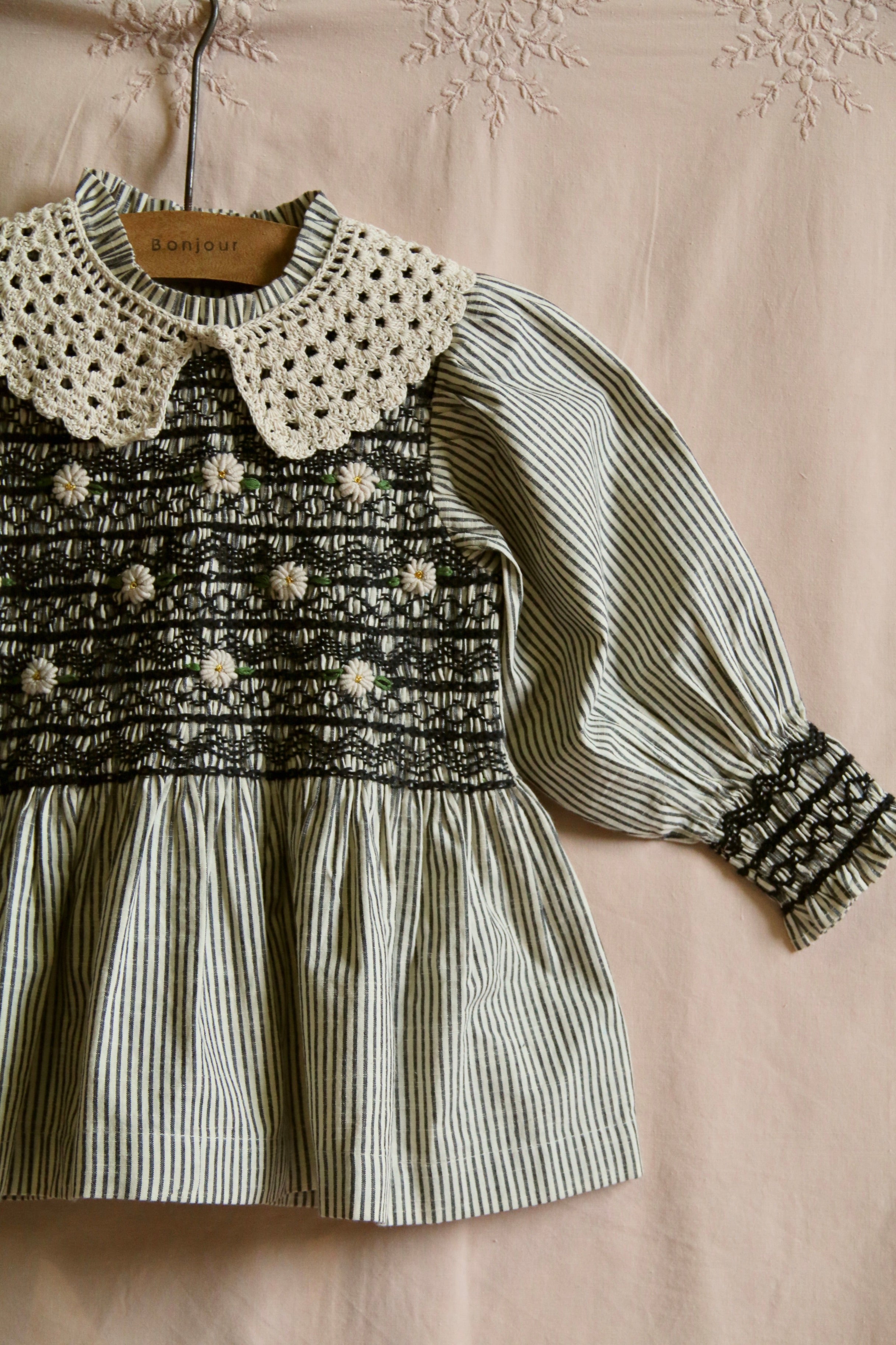 Bonjour Diary Handsmock Blouse with Crochet Collar, Black