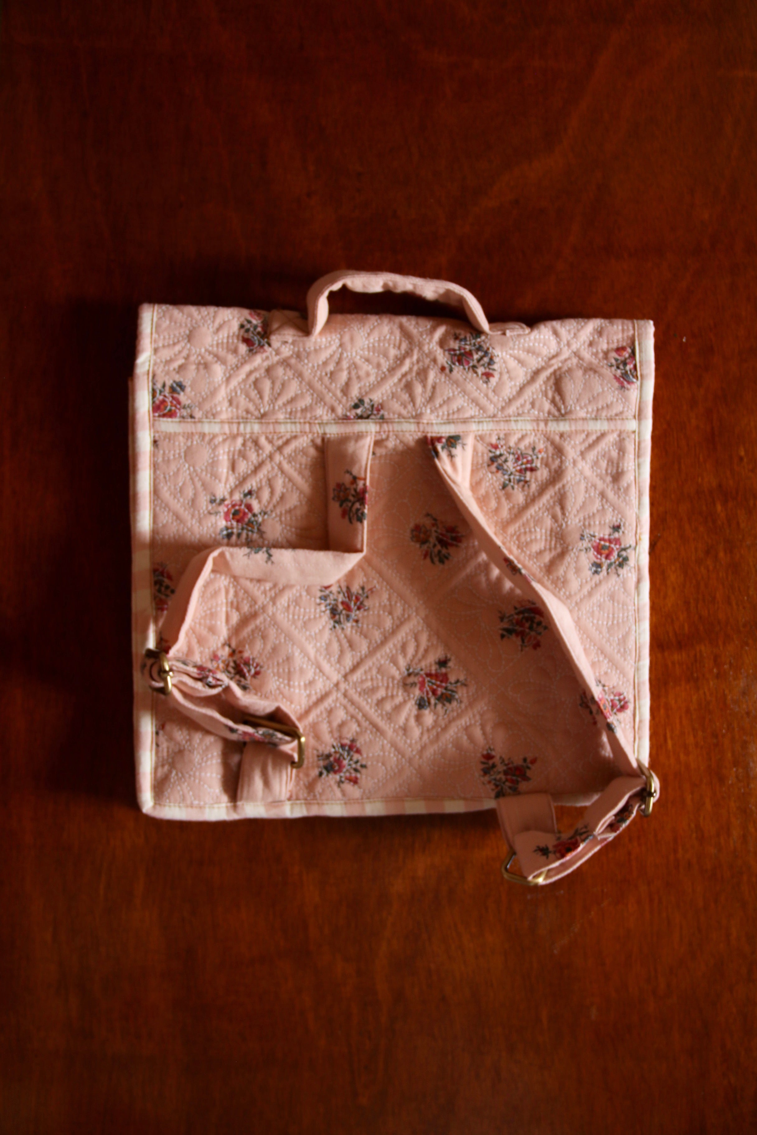 Bonjour Diary Quilted school bag, Pink Garden flowers print Denim
