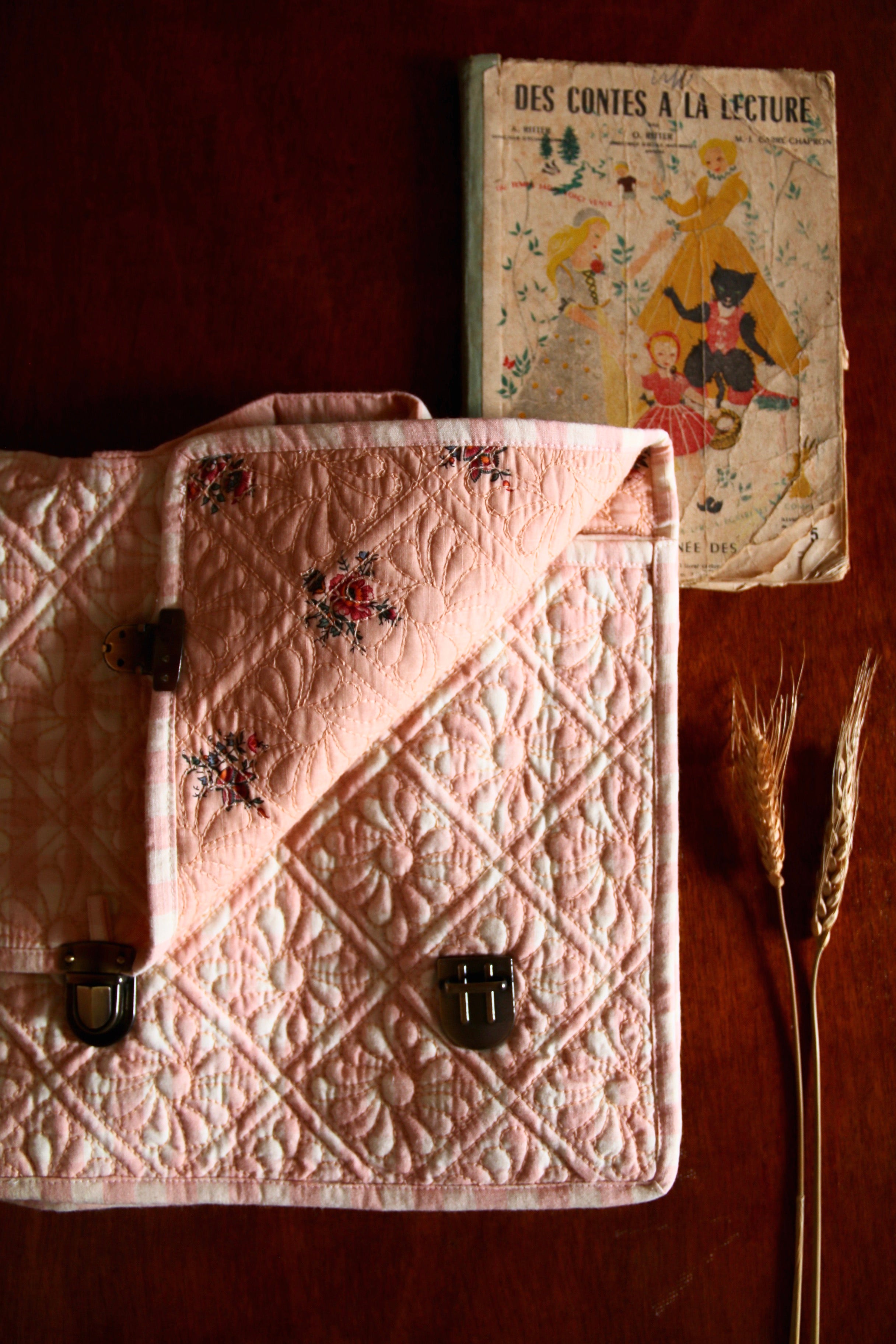Bonjour Diary Quilted school bag, Pink vichy front & piping