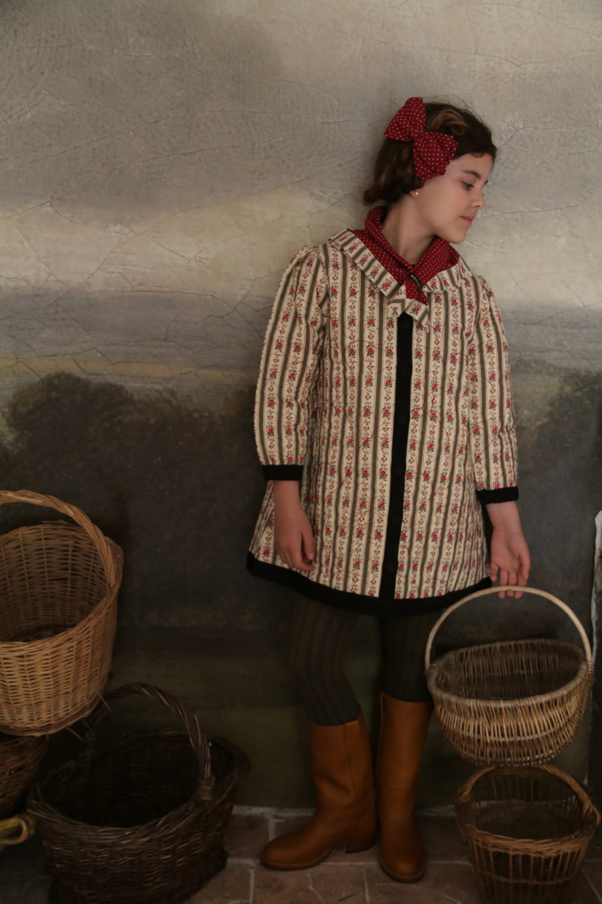 Bonjour Diary Dress Coat with Scarf, Tapestry kaki stripe