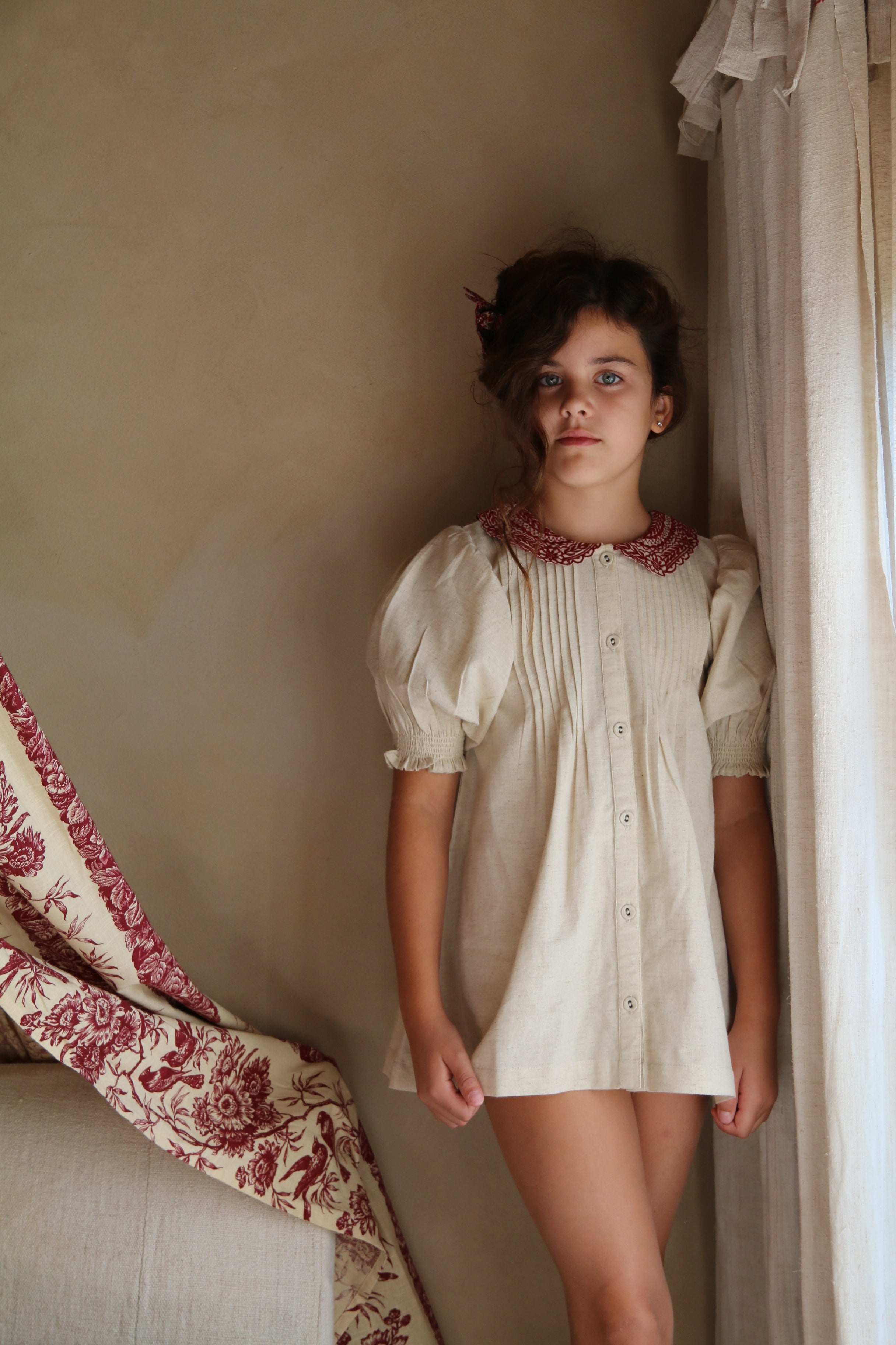 Bonjour Diary Long blouse with emb. collar, Natural cotton flex