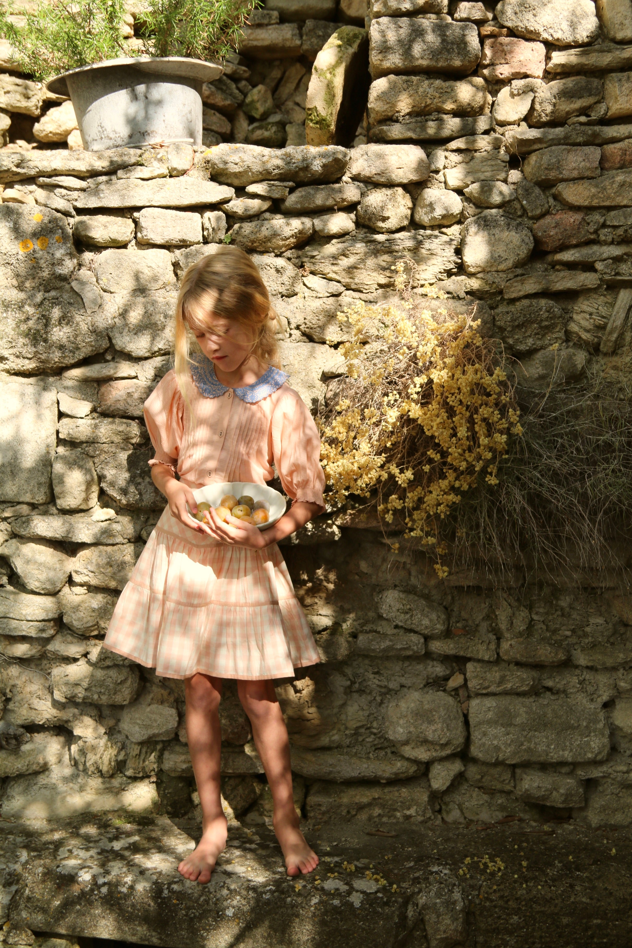 Bonjour Diary Long blouse with emb. collar, Pink check voile