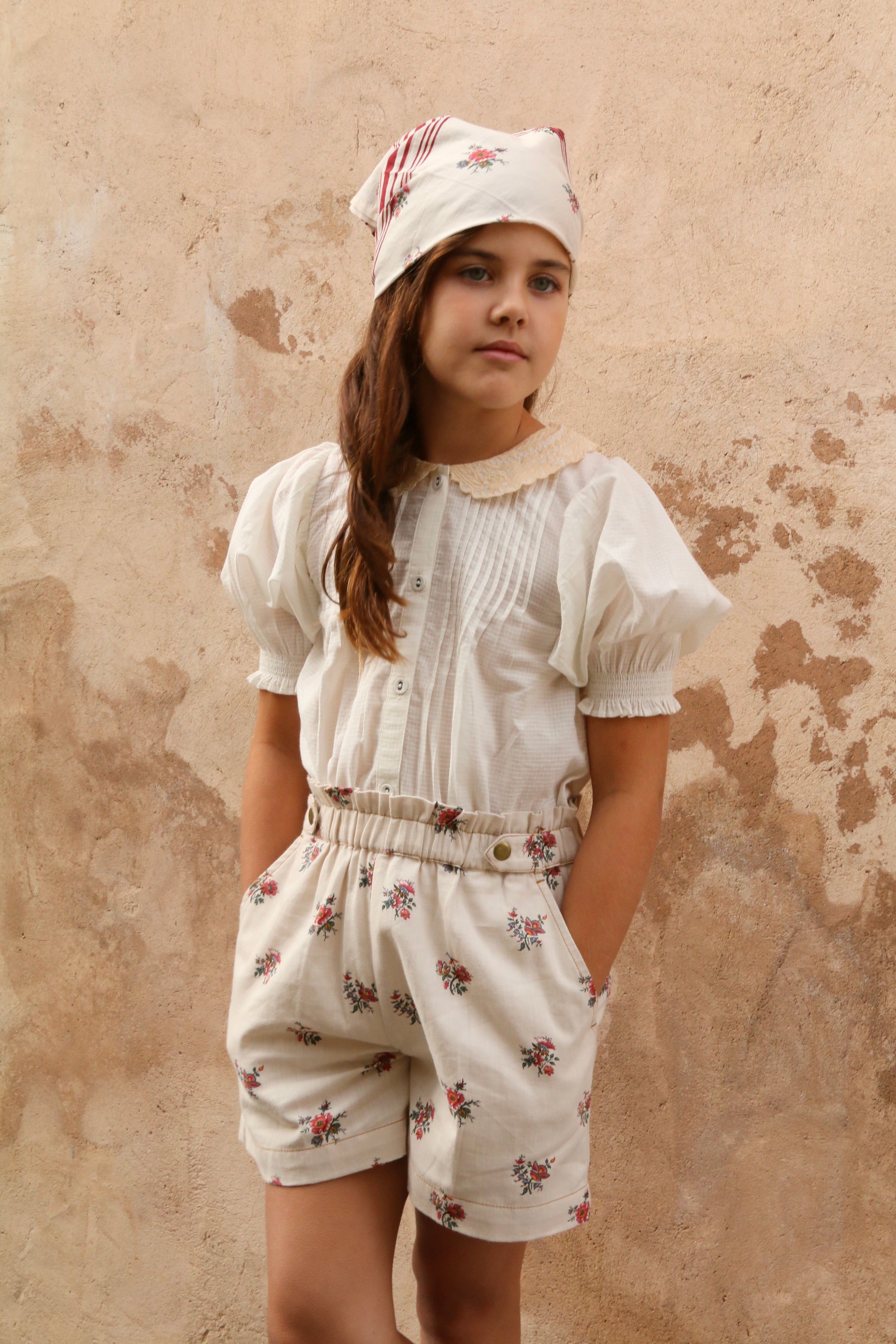 Bonjour Diary Shorts with scarf, Garden flowers print Denim