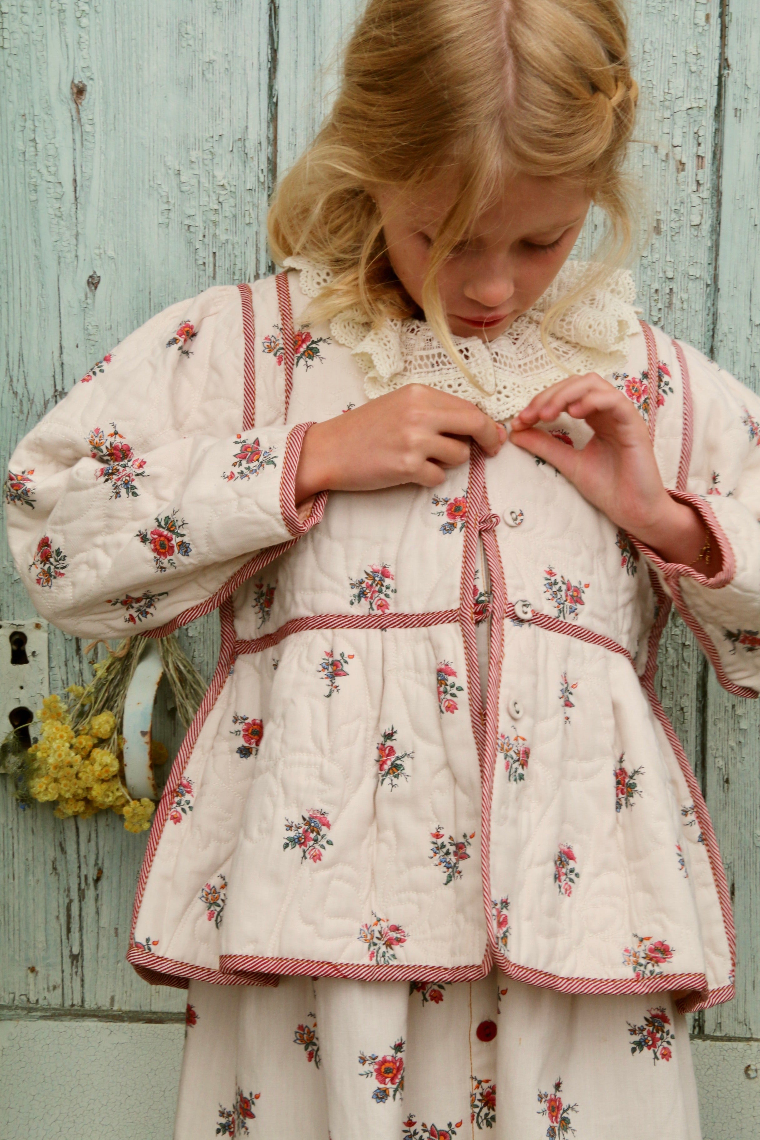 Bonjour Diary Quilted jacket, Denim Garden flowers print Red