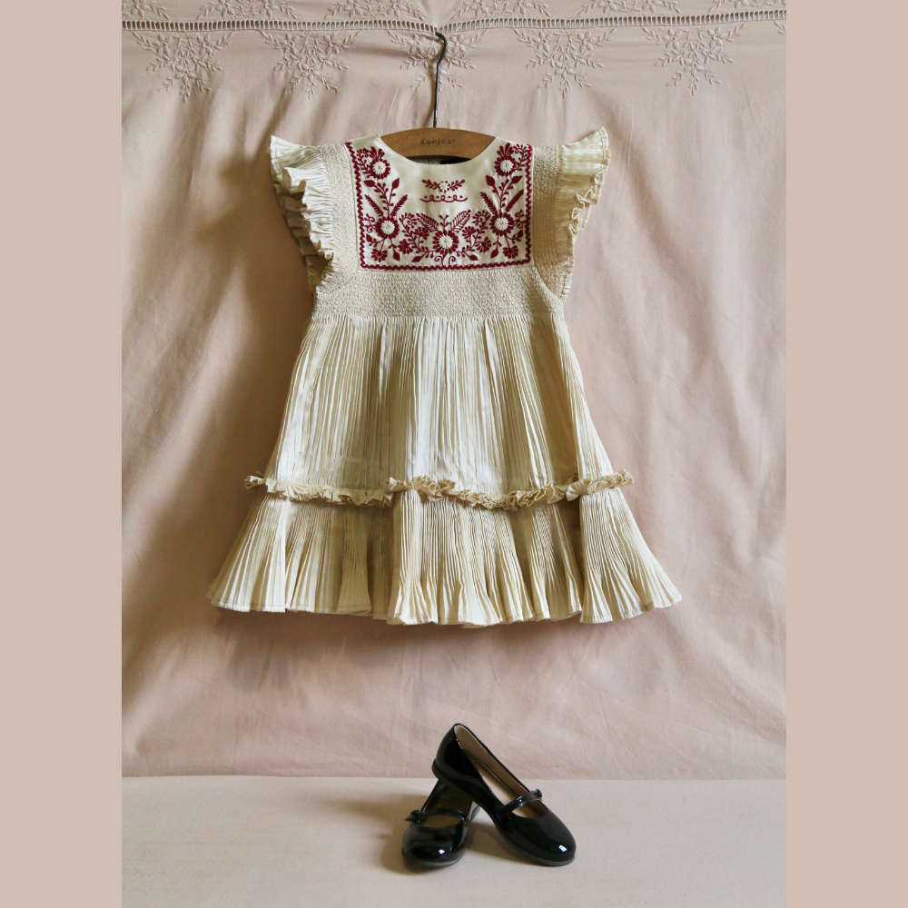 Bonjour Diary Dress, Pleated Ivory taffetas – Tinyapple