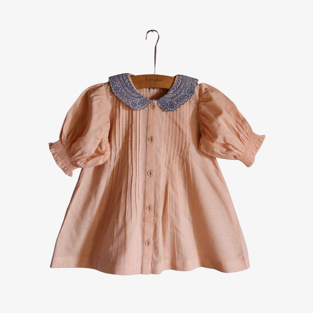 Bonjour Diary Long blouse with emb. collar, Pink check voile