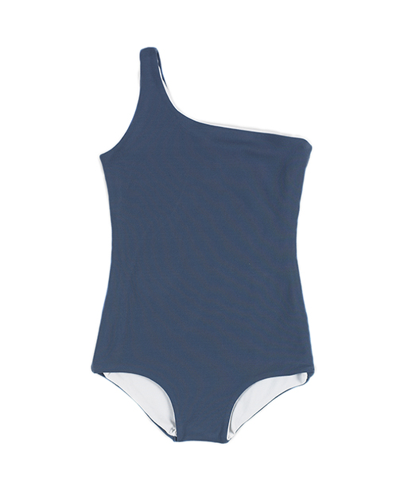 Asymmetric Bathing Suit (Navy soft/White)009A