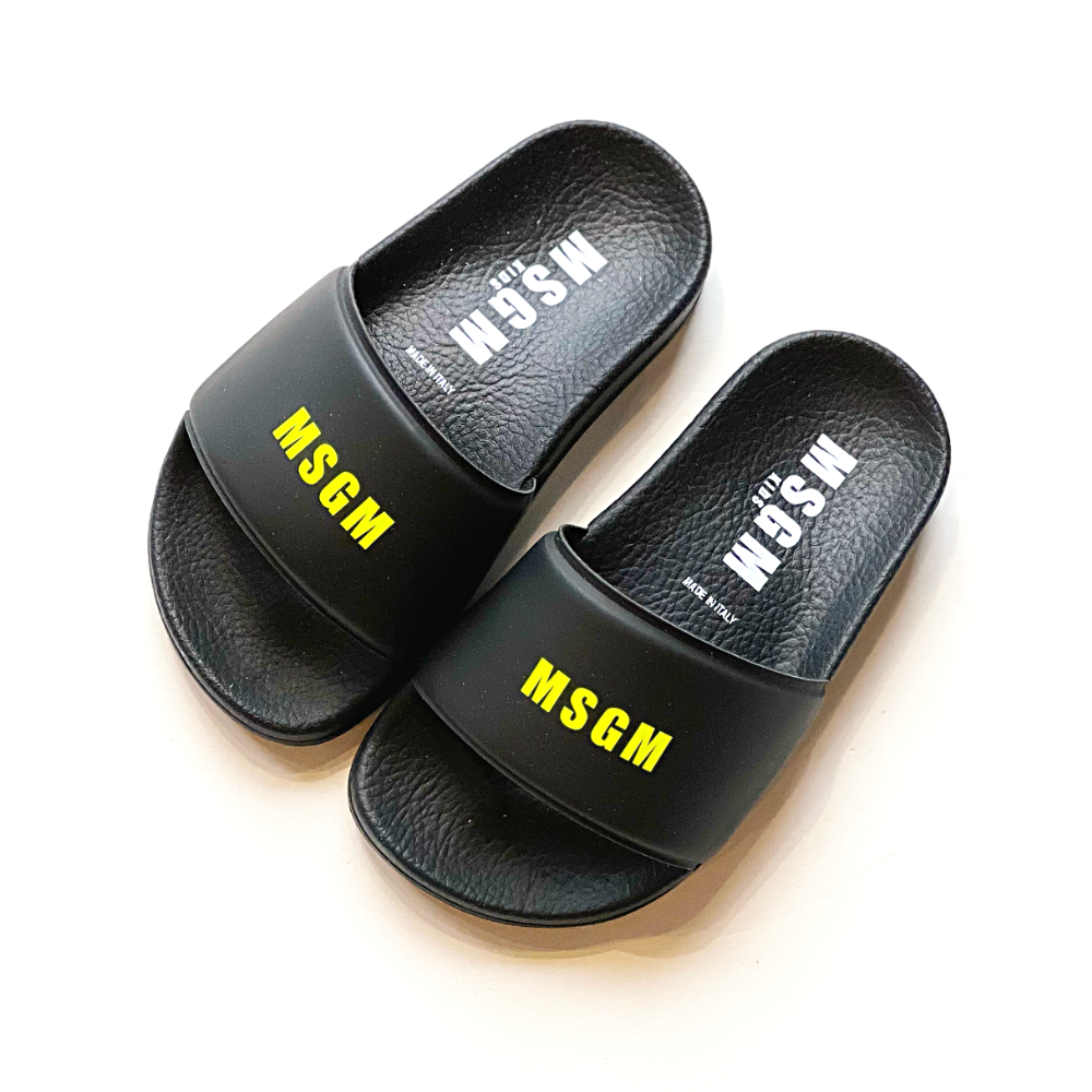 Buy MSGM Logo print slide sandals, Yellow/Black - Tinyapple