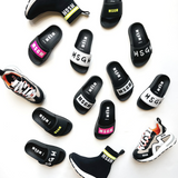 Shop MSGM Logo print slide sandals, White/Black - Tinyapple