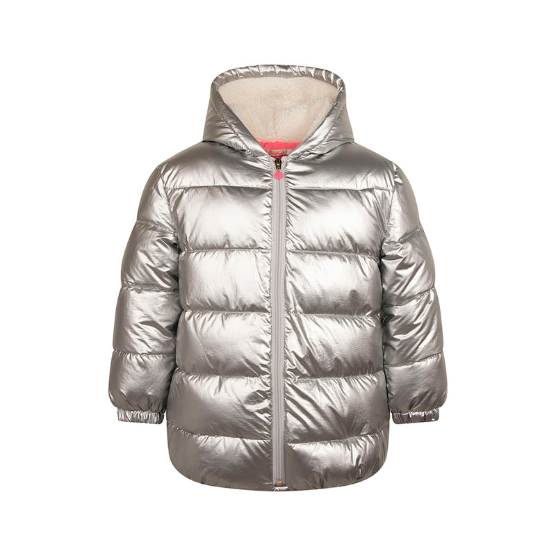 Billieblush Hooded Puffer Jacket with Logo on Back, Lame Silver