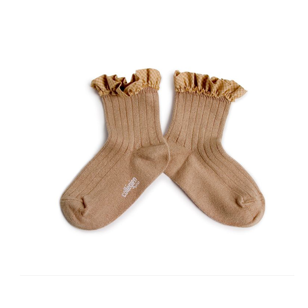 Collegien Gingham Ruffle Socks, Petite Taupe